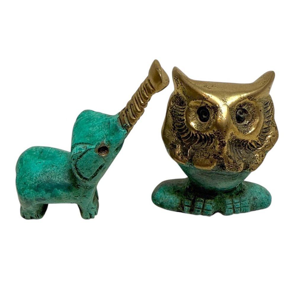 VTG Brass Patina Owl & Elephant Figurine Set - Mid Century Decor